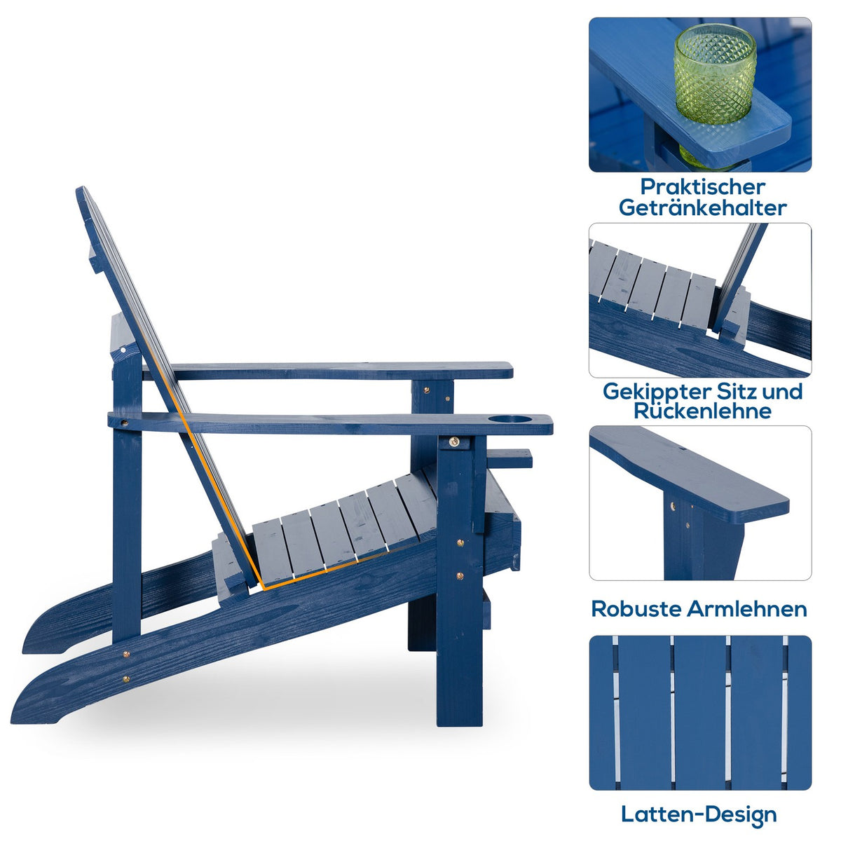 Adirondack Garden Chair With Cup Holder Garden Lounger Balcony Chair Solid Wood Blue 97 X 72.5 X 93 Cm