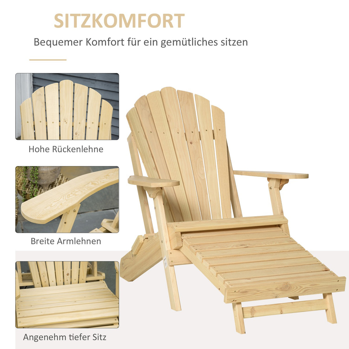Adirondack Garden Chair With Footrest Folding Garden Lounger Outdoor Garden Furniture Natural Pine Wood 78 X 140 X 94 Cm