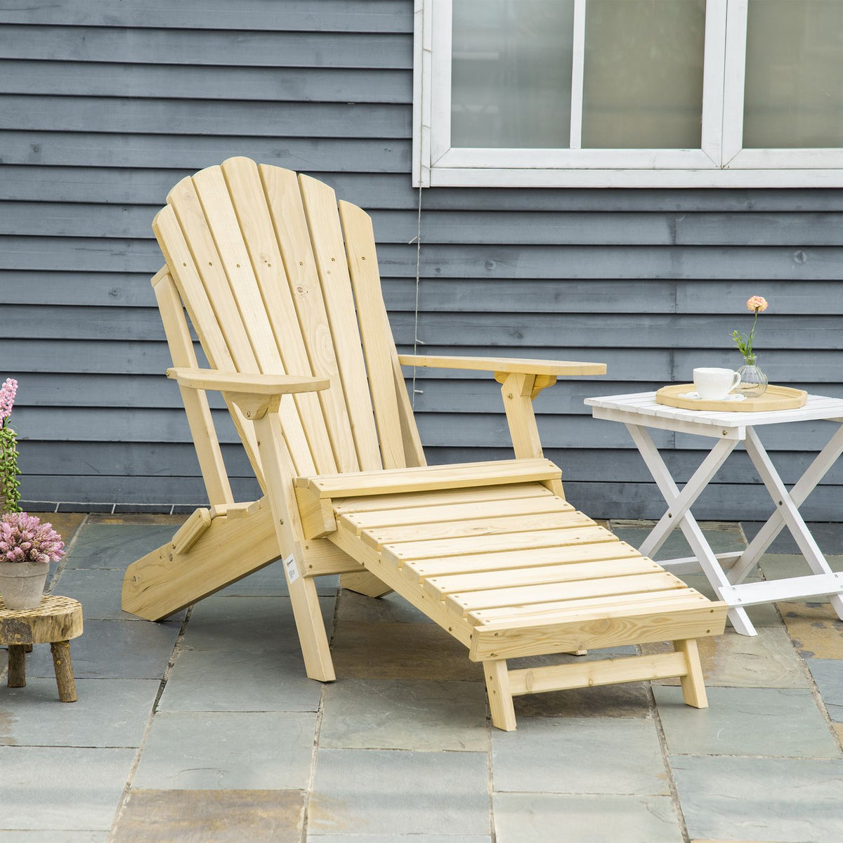 Adirondack Garden Chair With Footrest Folding Garden Lounger Outdoor Garden Furniture Natural Pine Wood 78 X 140 X 94 Cm