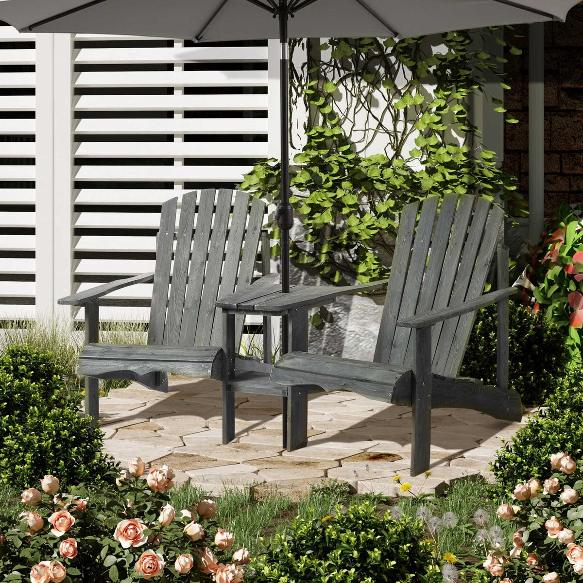 Adirondack Garden Chair With Table And Umbrella Hole 2 Seater Garden Chair Seating Group Garden Furniture For Balcony Solid Wood Gray 178 X 87 X 92 Cm