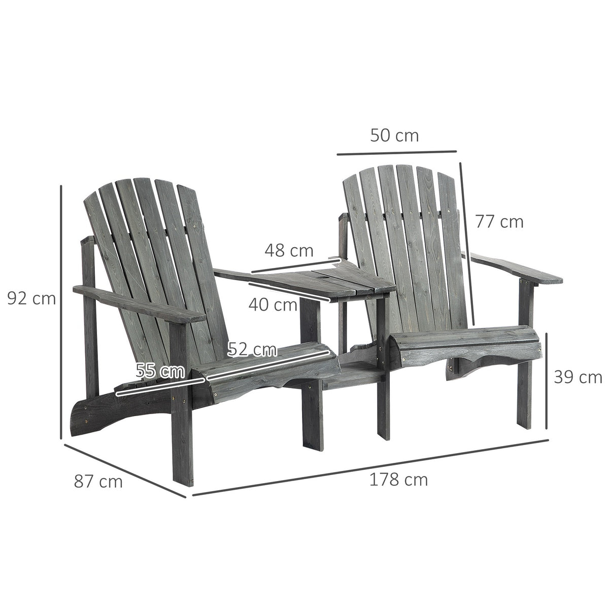Adirondack Garden Chair With Table And Umbrella Hole 2 Seater Garden Chair Seating Group Garden Furniture For Balcony Solid Wood Gray 178 X 87 X 92 Cm