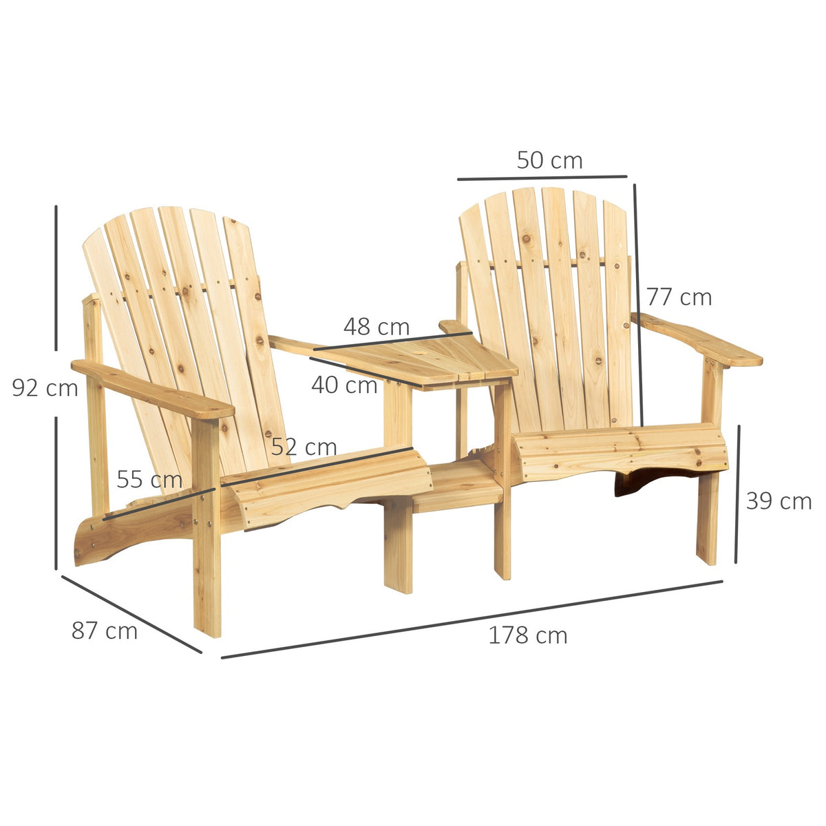 Adirondack Garden Chair With Table And Umbrella Hole 2 Seater Garden Chair Seating Group Garden Furniture For Balcony Solid Wood Natural 178 X 87 X 92 Cm