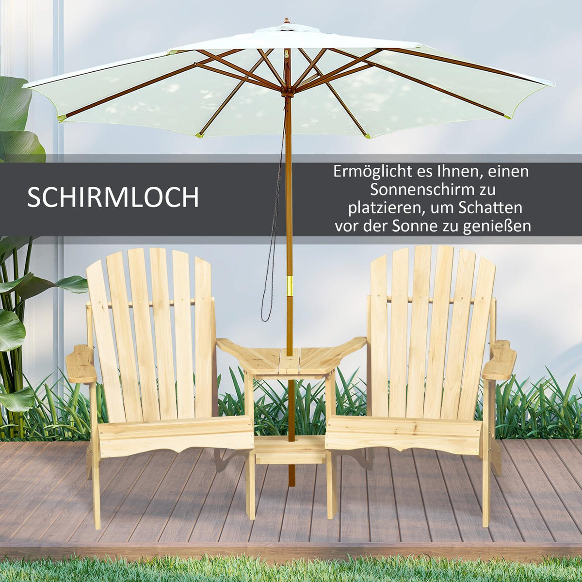 Adirondack Garden Chair With Table And Umbrella Hole 2 Seater Garden Chair Seating Group Garden Furniture For Balcony Solid Wood Natural 178 X 87 X 92 Cm