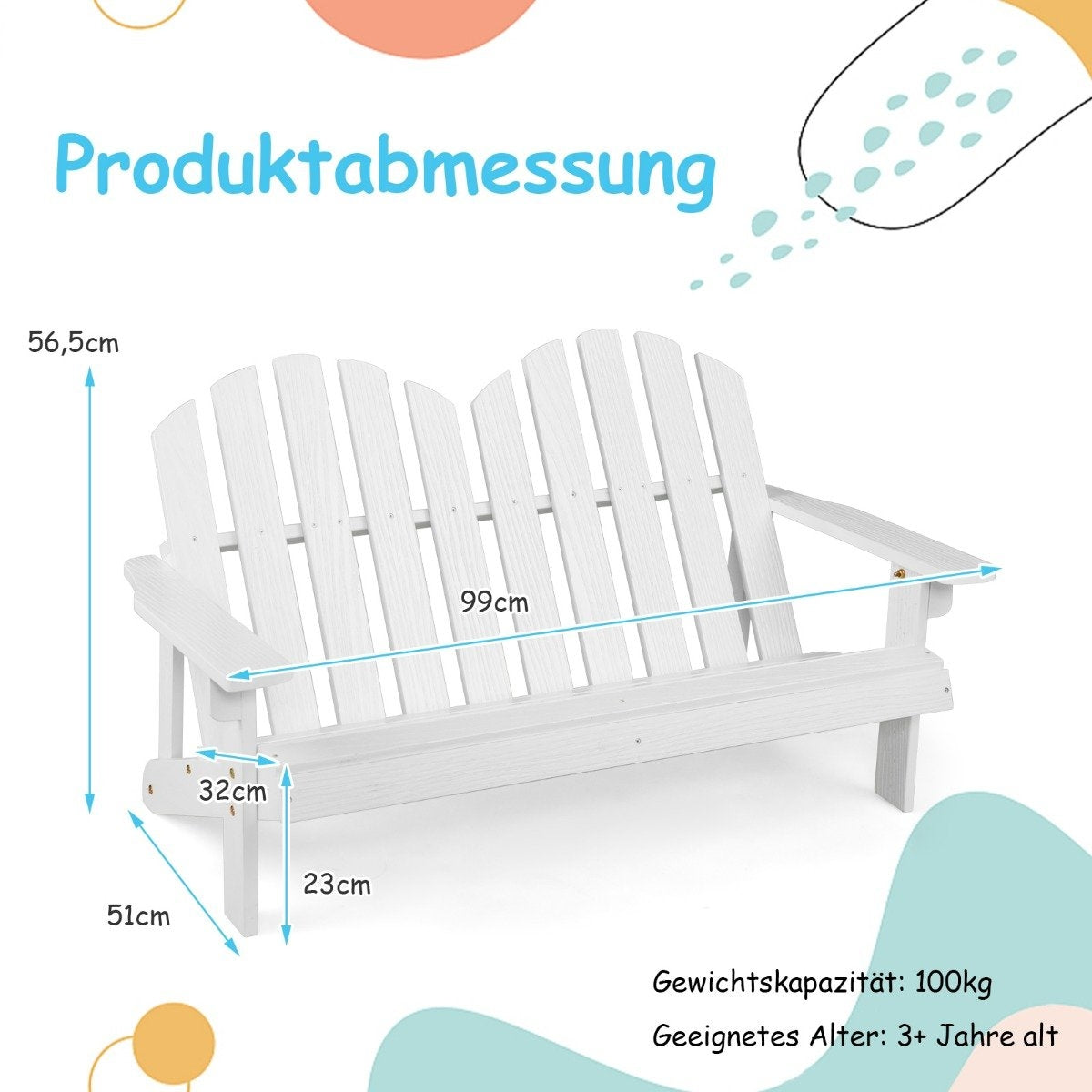 Adirondack chair for children 2-seater Adirondack chair made of wood white 99 x 51 x 56.5 cm