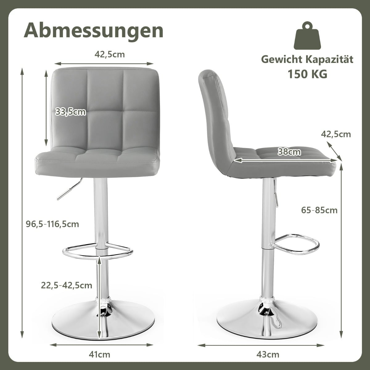 Adjustable 360 Swivel Bar Stools, Set of 2, Grey Leather