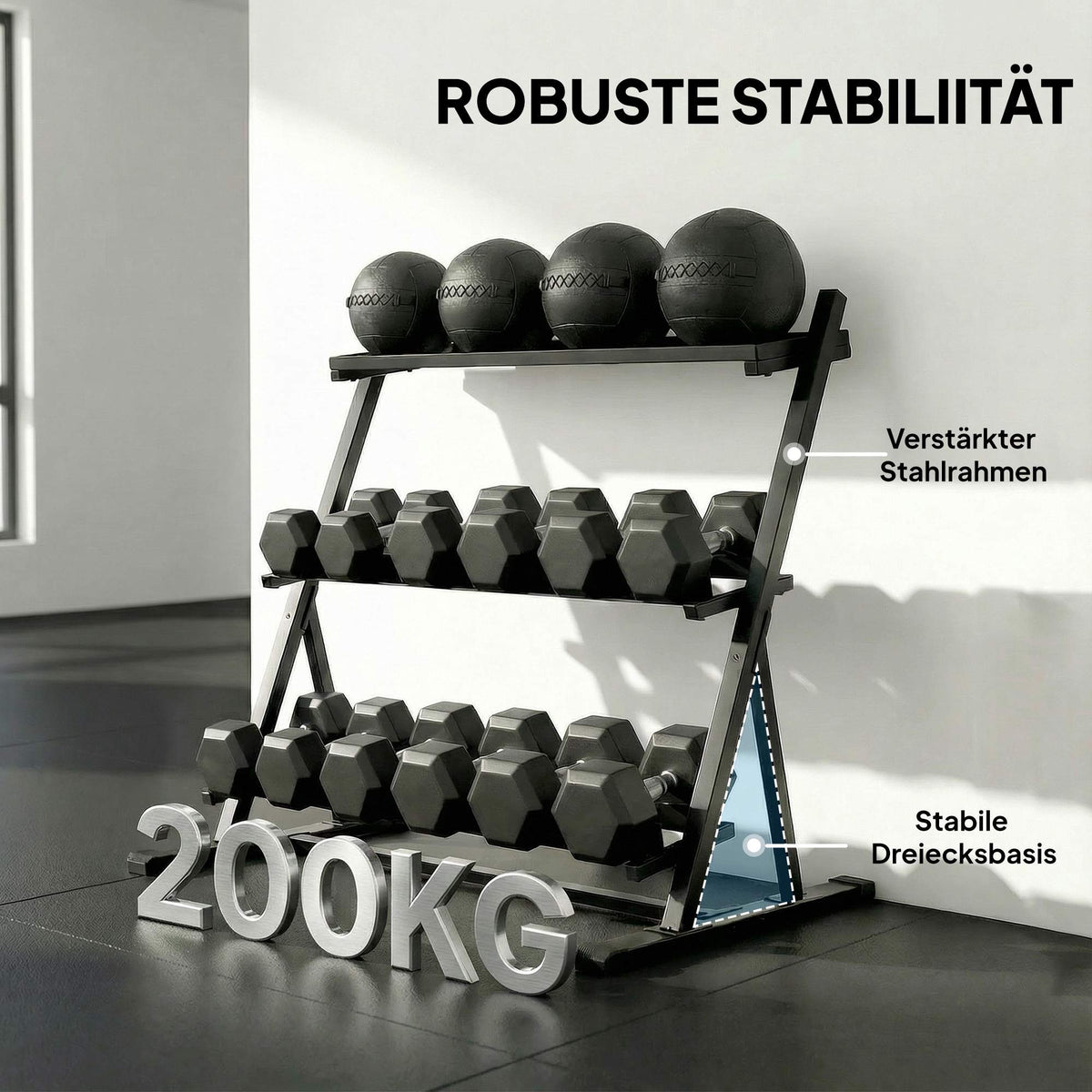 Adjustable 3-Tier Dumbbell Rack, 200kg Capacity, Non-Slip