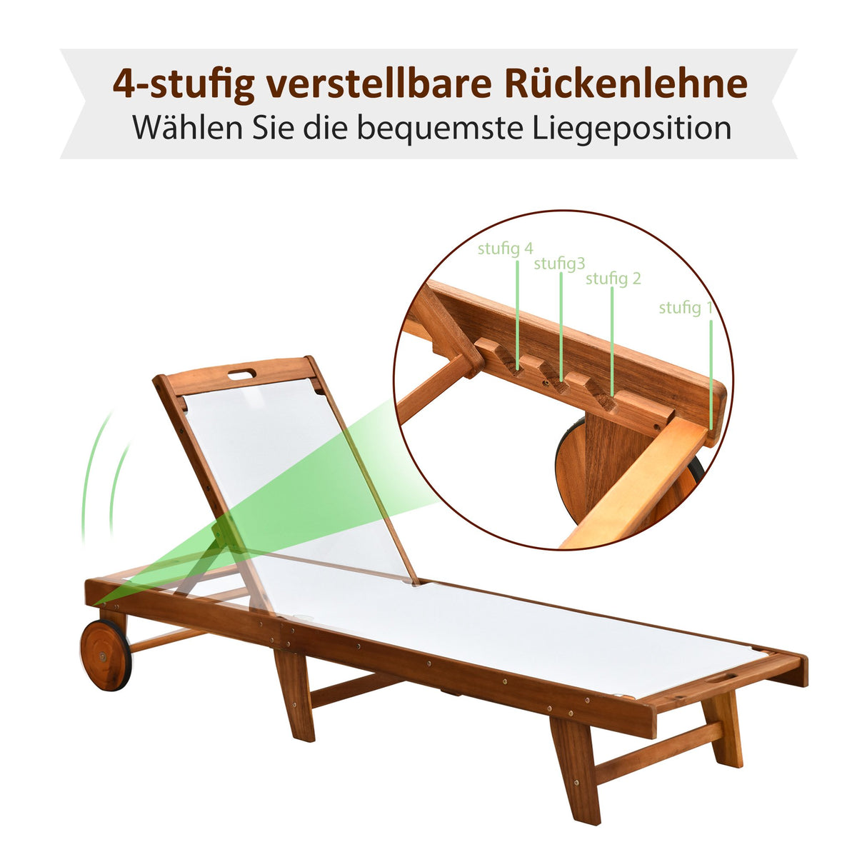 Adjustable Acacia Wood Sun Lounger with Wheels, 198cm