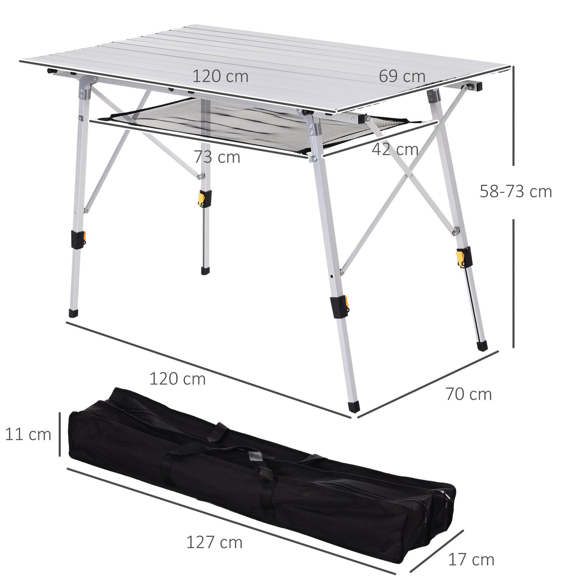 Adjustable Aluminum Folding Picnic Table with Carry Bag, 120x69 cm