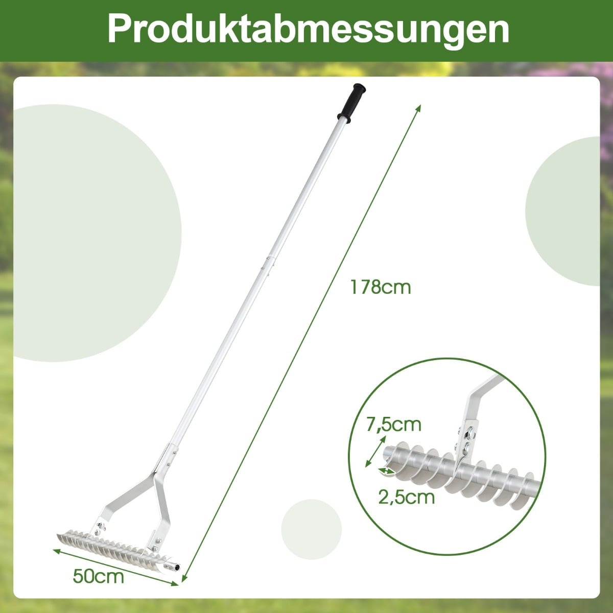 Adjustable Aluminum Garden Rake, 50x178 cm, 19 Tines