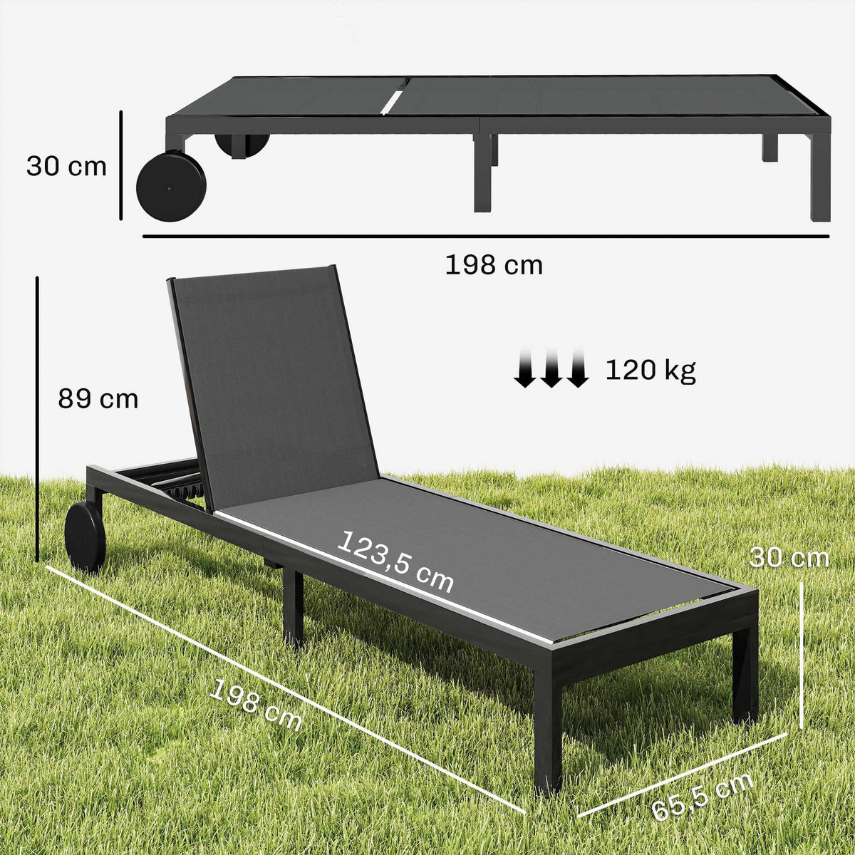 Adjustable Aluminum Sun Lounger with Wheels, Breathable Fabric