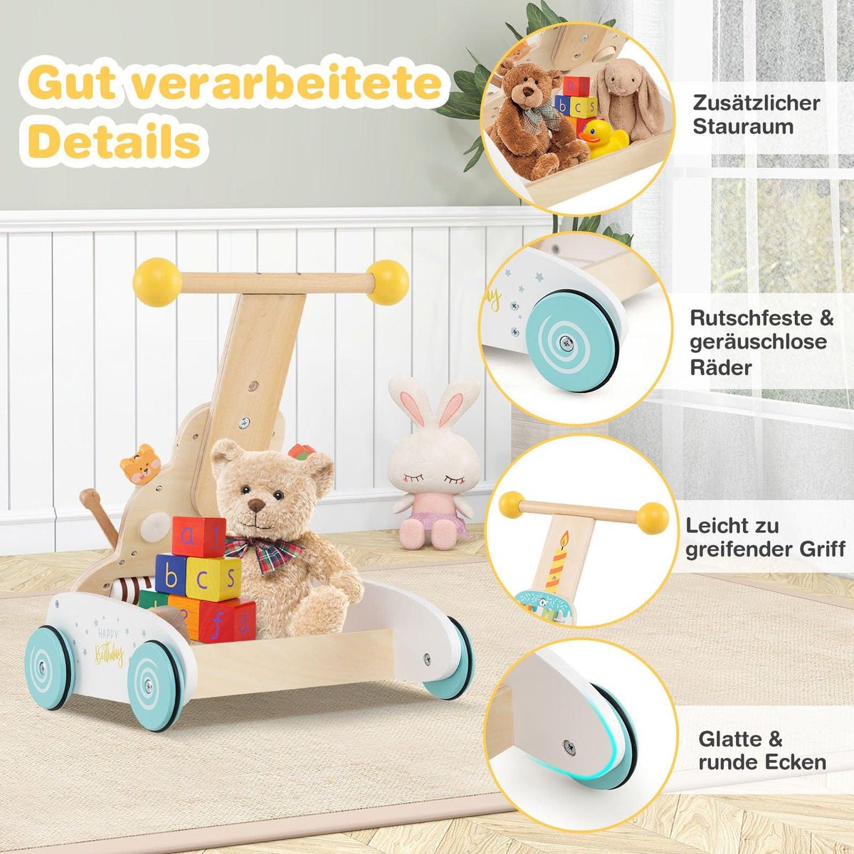 Adjustable Baby Walker with Activity Center, Wooden Toy