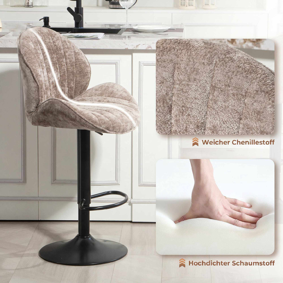 Adjustable Brown Chenille Bar Stools, Set of 2, Swivel