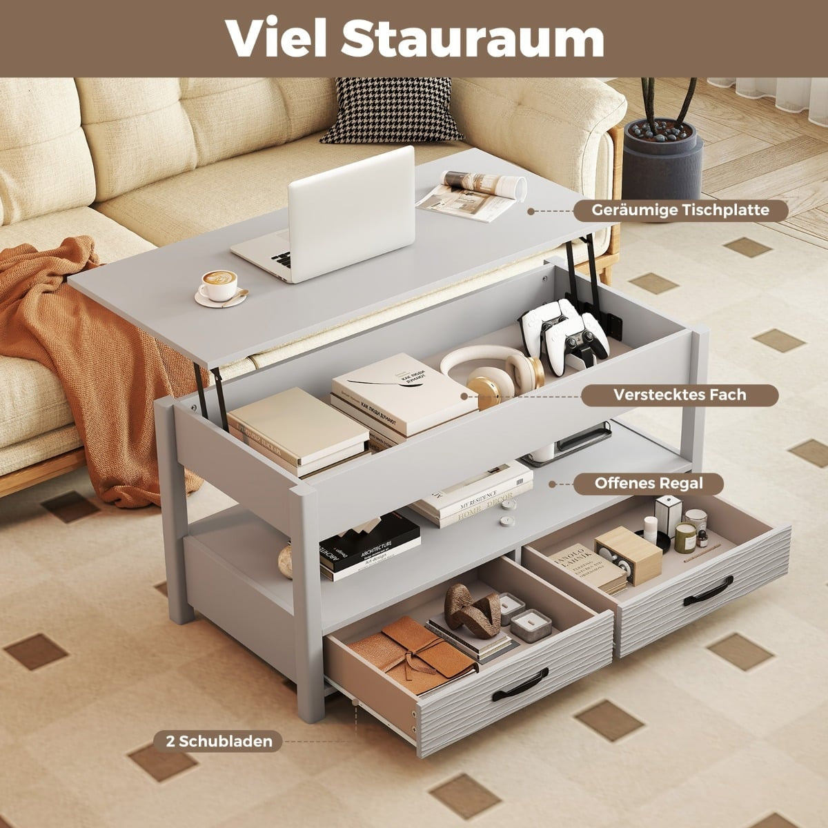 Adjustable Coffee Table with Lift-Top & 2 Drawers