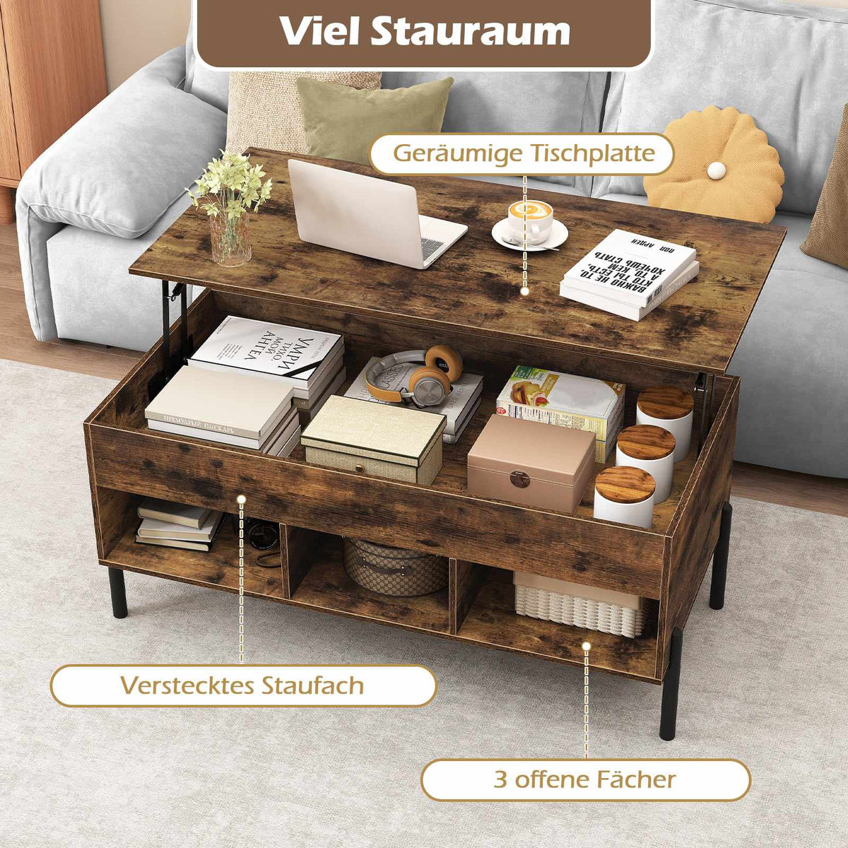 Adjustable Coffee Table with Lift-Top, Storage, Brown