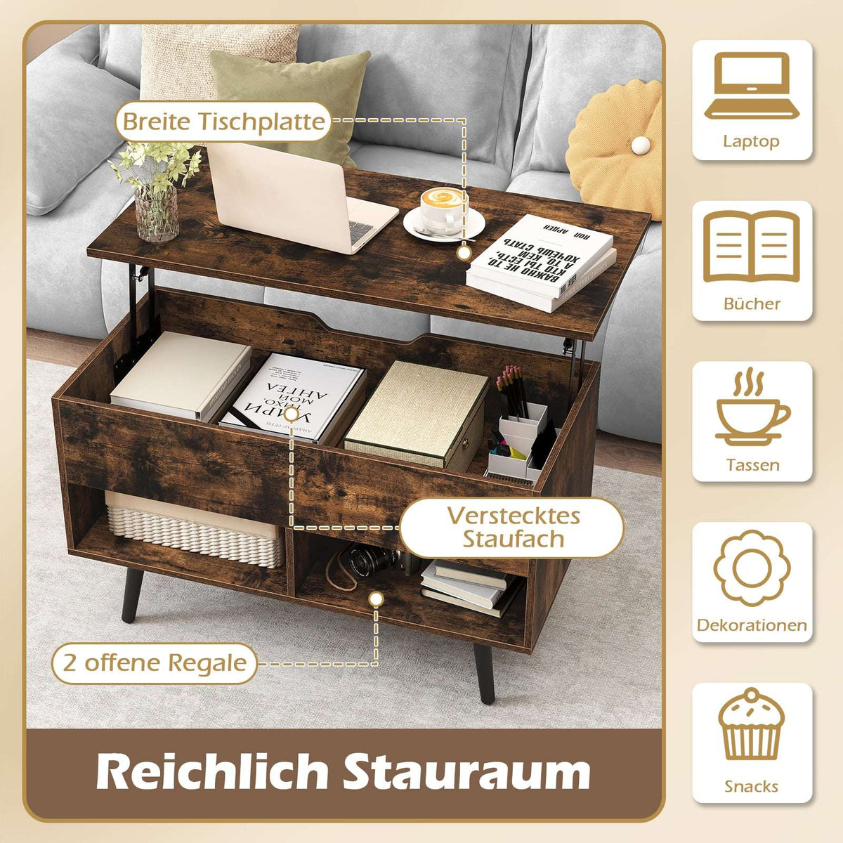 Adjustable Coffee Table with Lift-Top & Storage Shelves