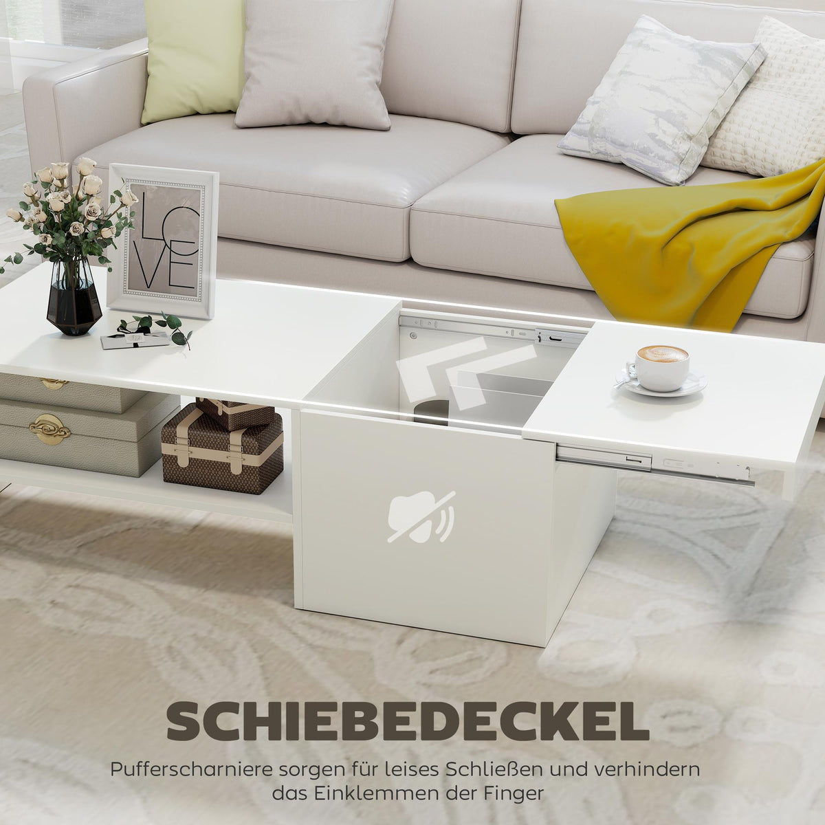 Adjustable Coffee Table with Storage, White Particle Board