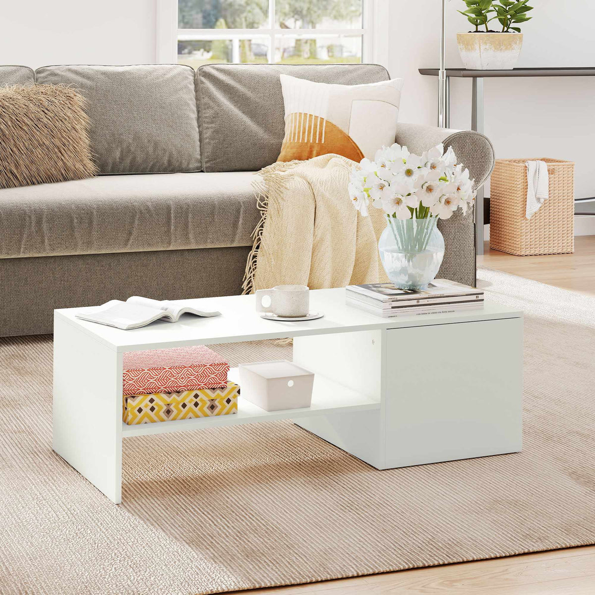 Adjustable Coffee Table with Storage, White Particle Board