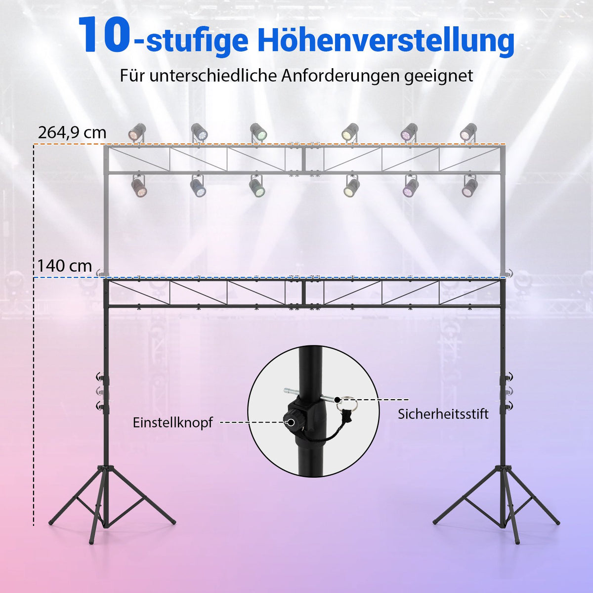 Adjustable DJ Light Stand with Crossbar, 140–265 cm Height