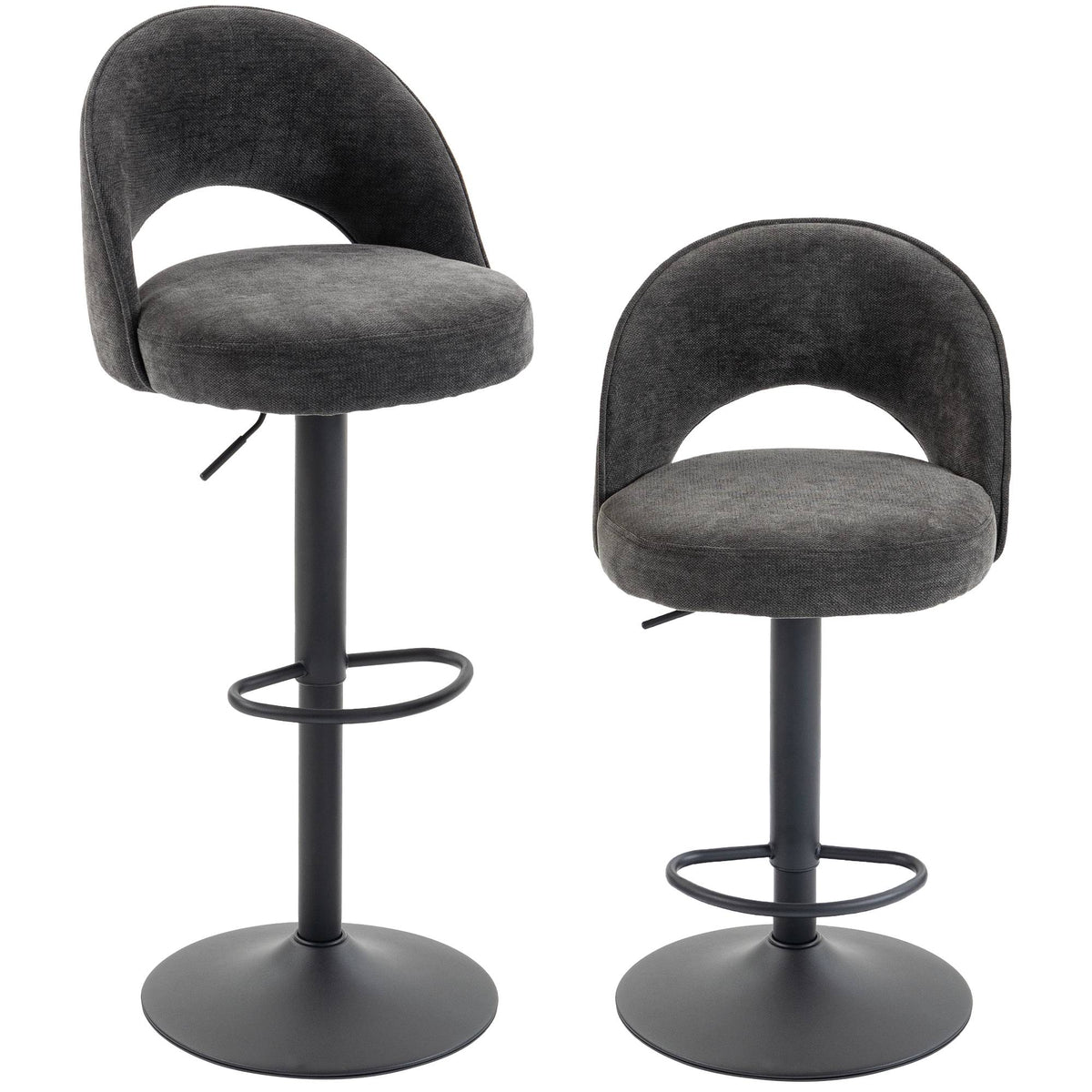 Adjustable Dark Grey Bar Stools, Set of 2, 360 Swivel
