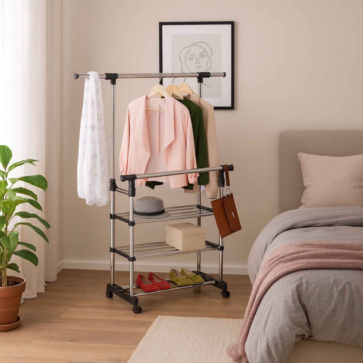 Adjustable Double Rod Clothes Rack with Shelf