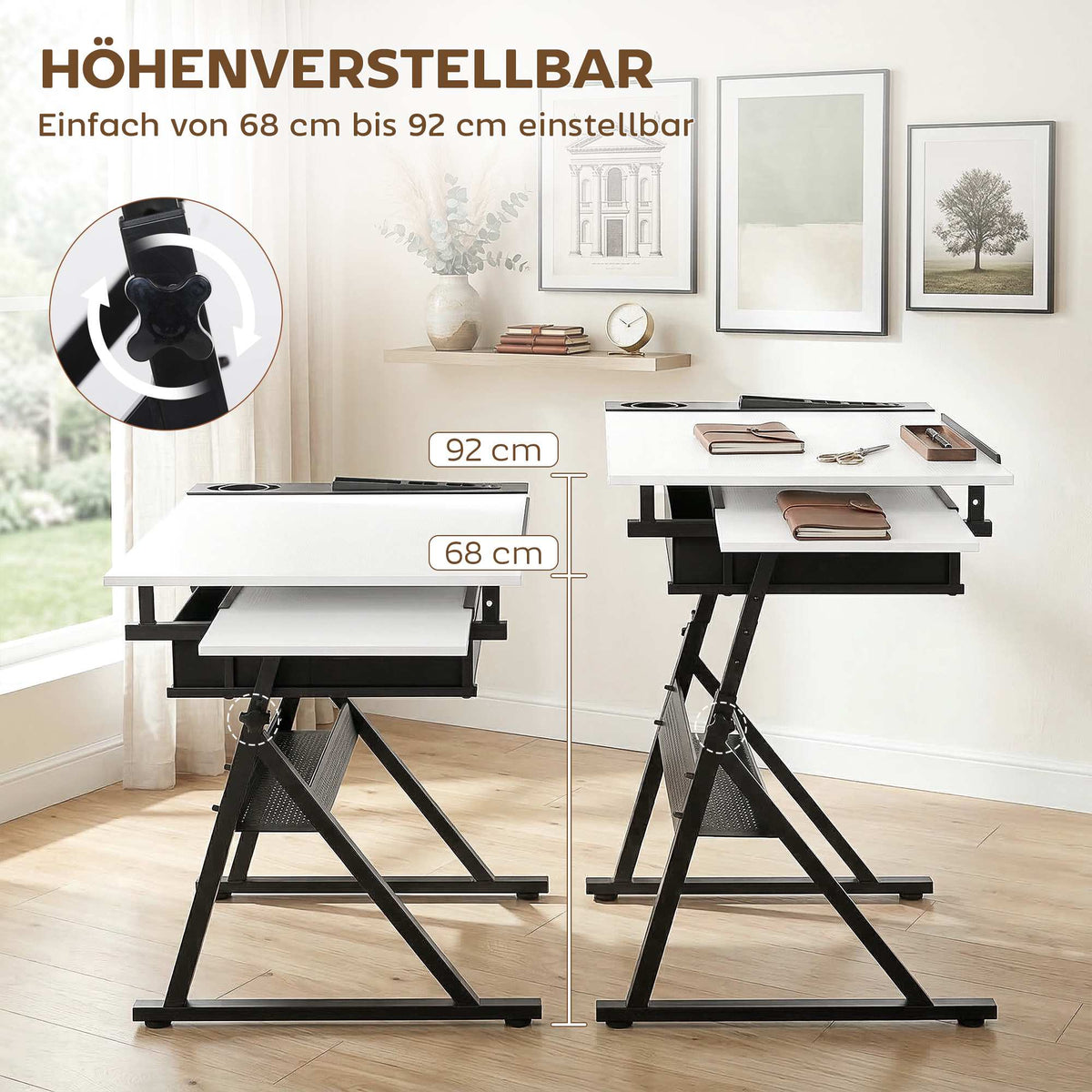 Adjustable Drawing Table with Stool and Storage, White