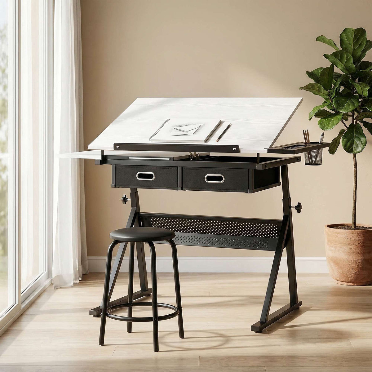 Adjustable Drawing Table with Stool and Storage, White