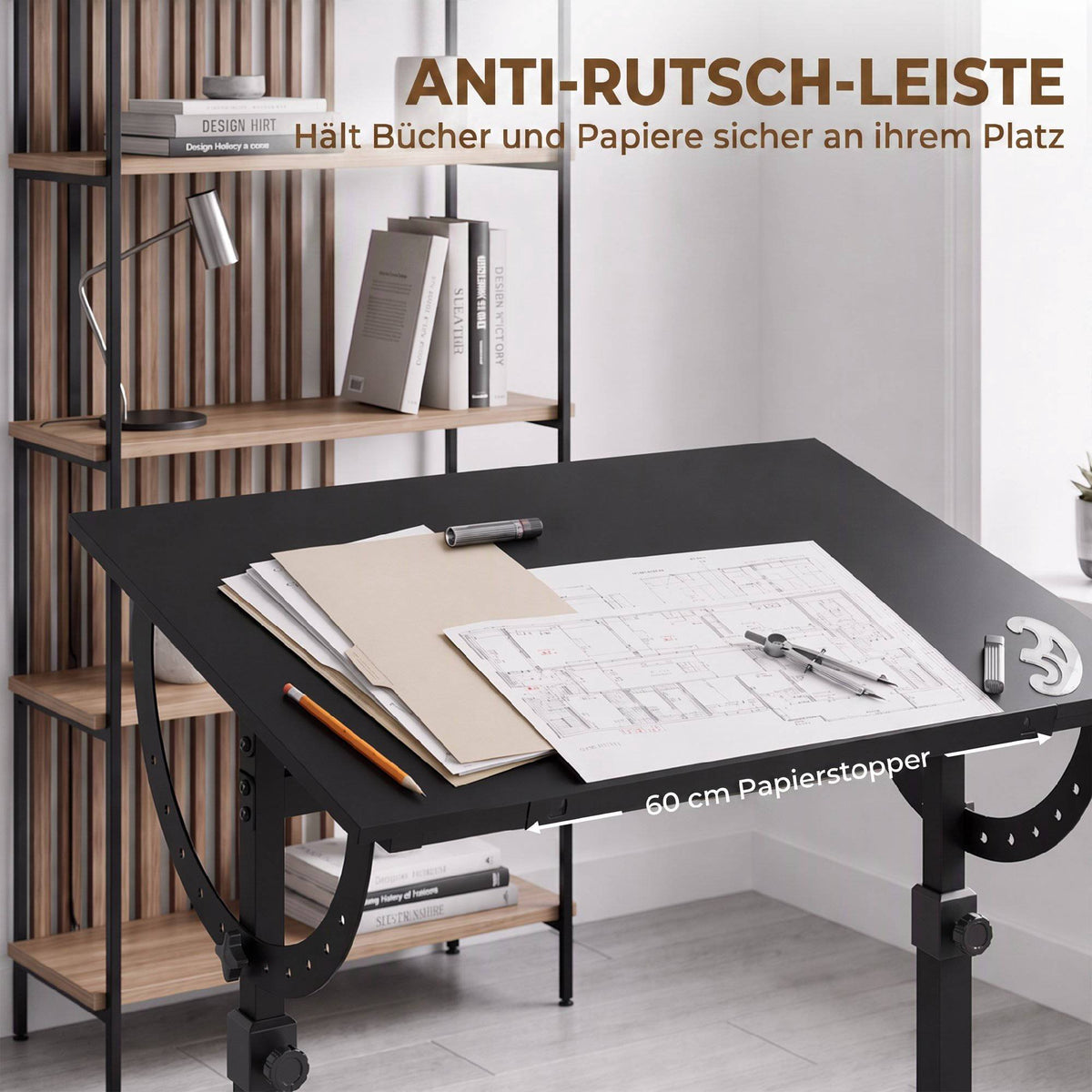 Adjustable Drawing Table with Tilt, Black, 90x60 cm