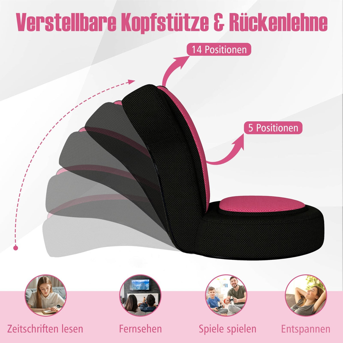 Adjustable Floor Chair with Headrest & Backrest, Pink