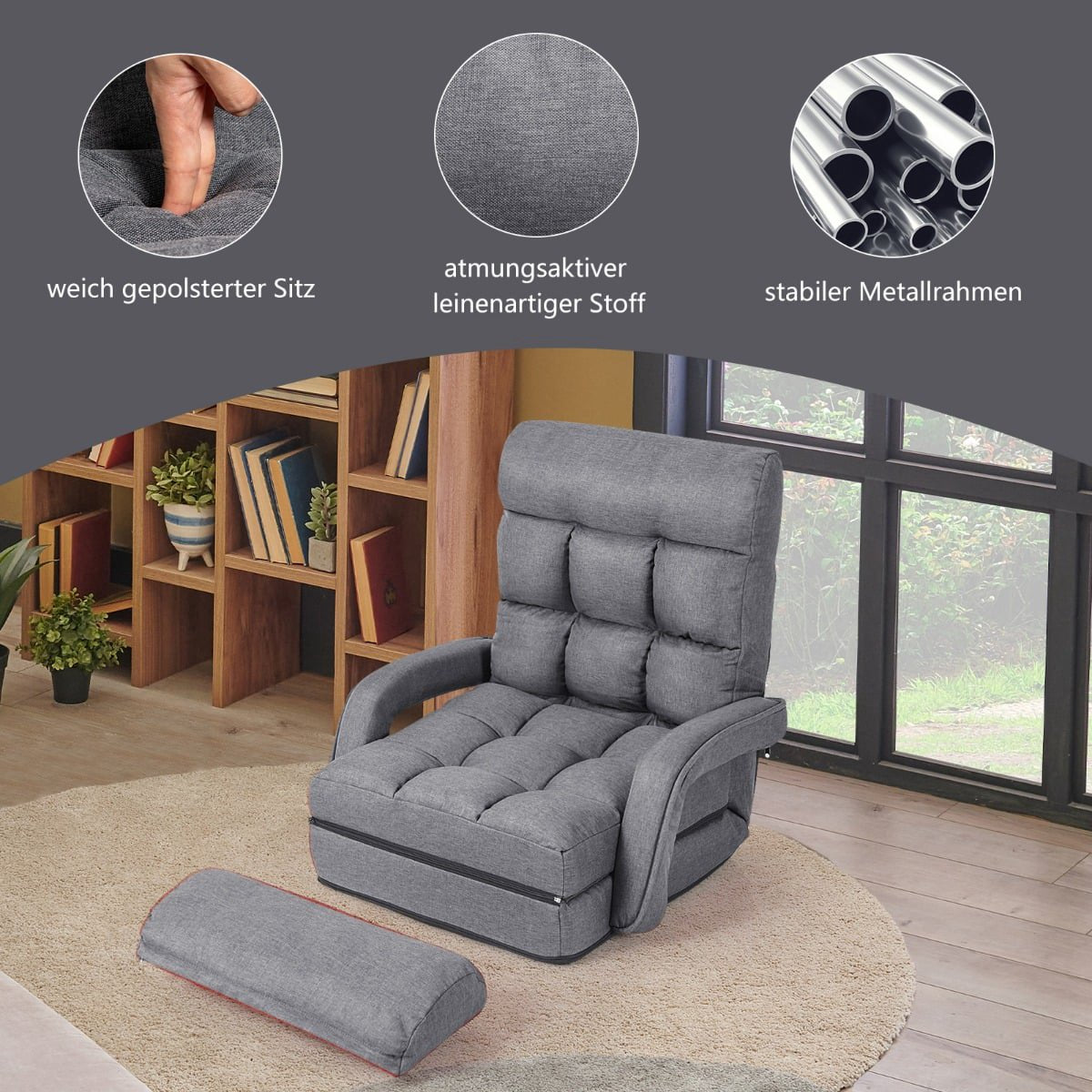 Adjustable Floor Sofa Bed with Reclining Backrest, Gray