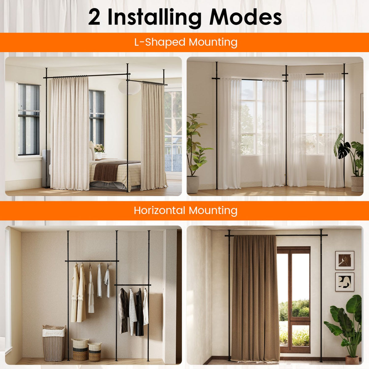 Adjustable Floor-to-Ceiling Room Divider Curtain Rod, Black