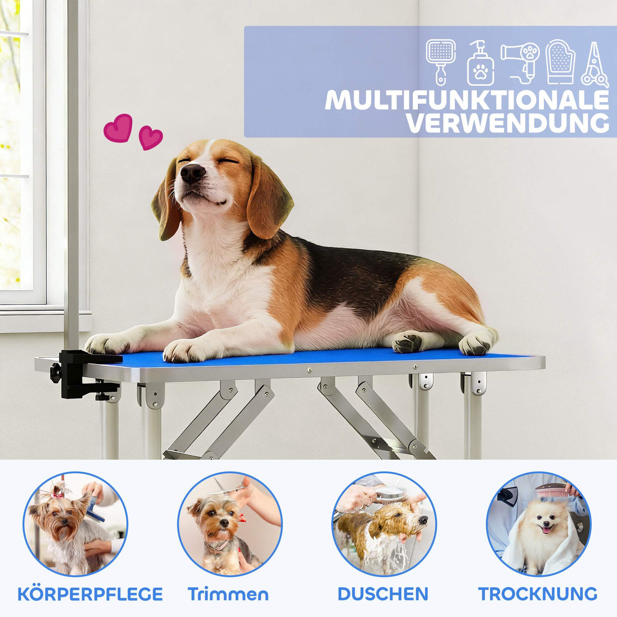Adjustable Folding Dog Grooming Table with Blue Non-Slip Surface