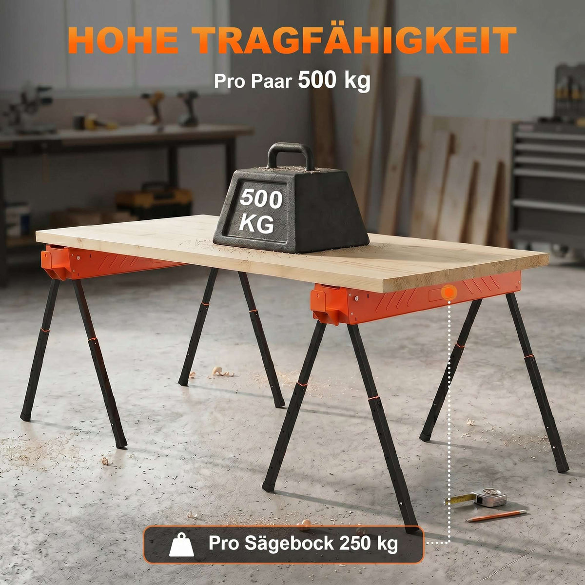Adjustable Folding Sawhorses, Metal, 250kg Capacity, Set of 2