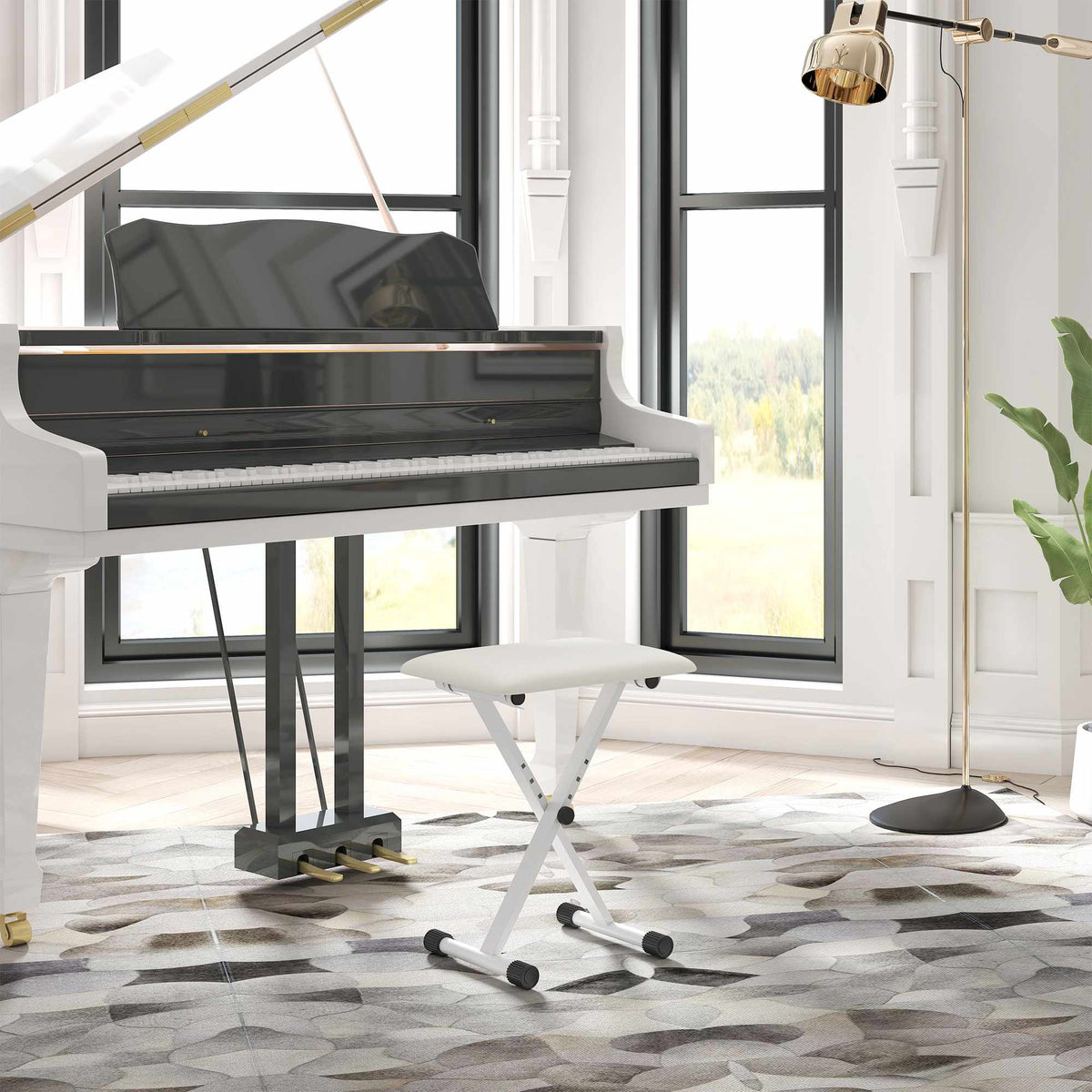 Adjustable Folding X-Frame Piano Bench with Faux Leather Cushion