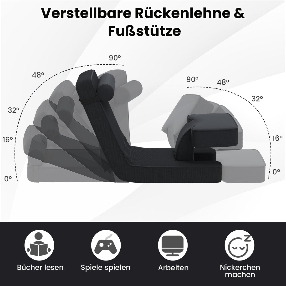 Adjustable Gaming Floor Chair with Footrest, Black