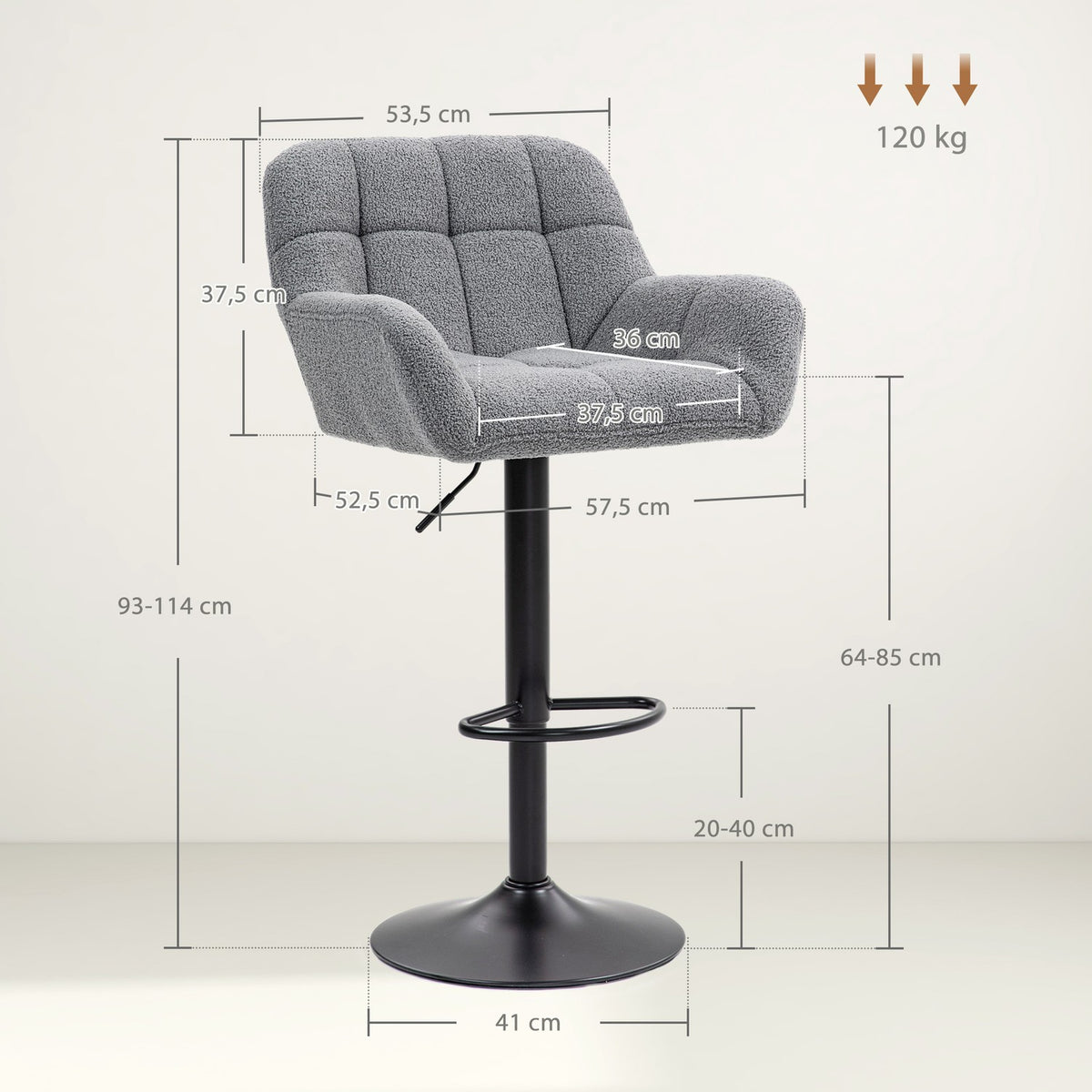 Adjustable Grey Bar Stools, Set of 2, 360° Swivel
