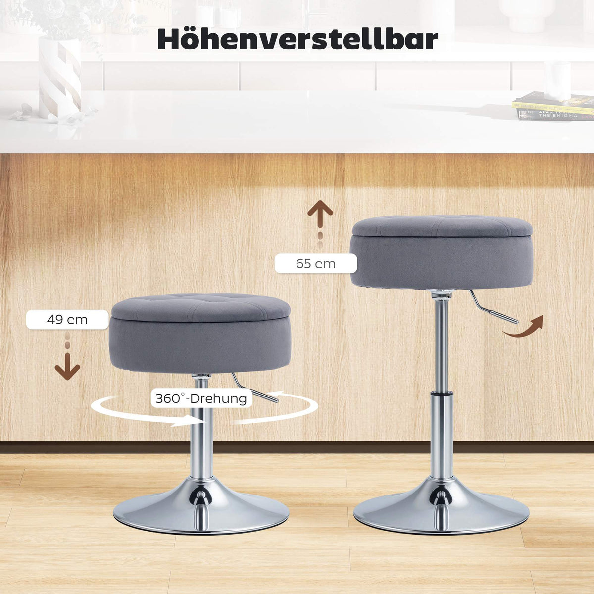 Adjustable Grey Velvet Bar Stool with Storage, 39x39x65 cm