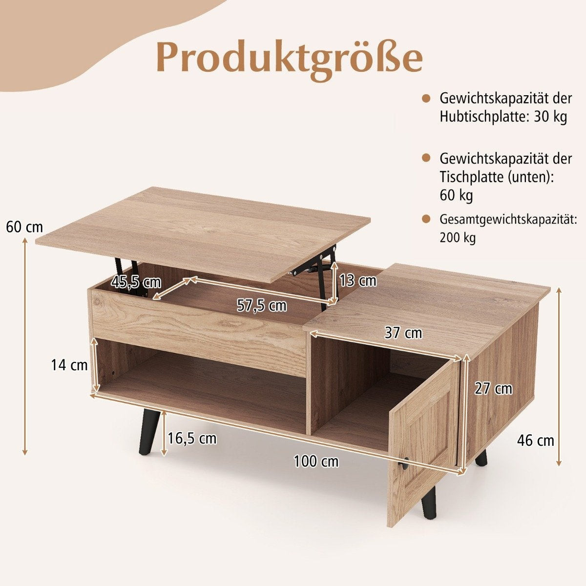 Adjustable Height Coffee Table with Hidden Storage, 100x50 cm
