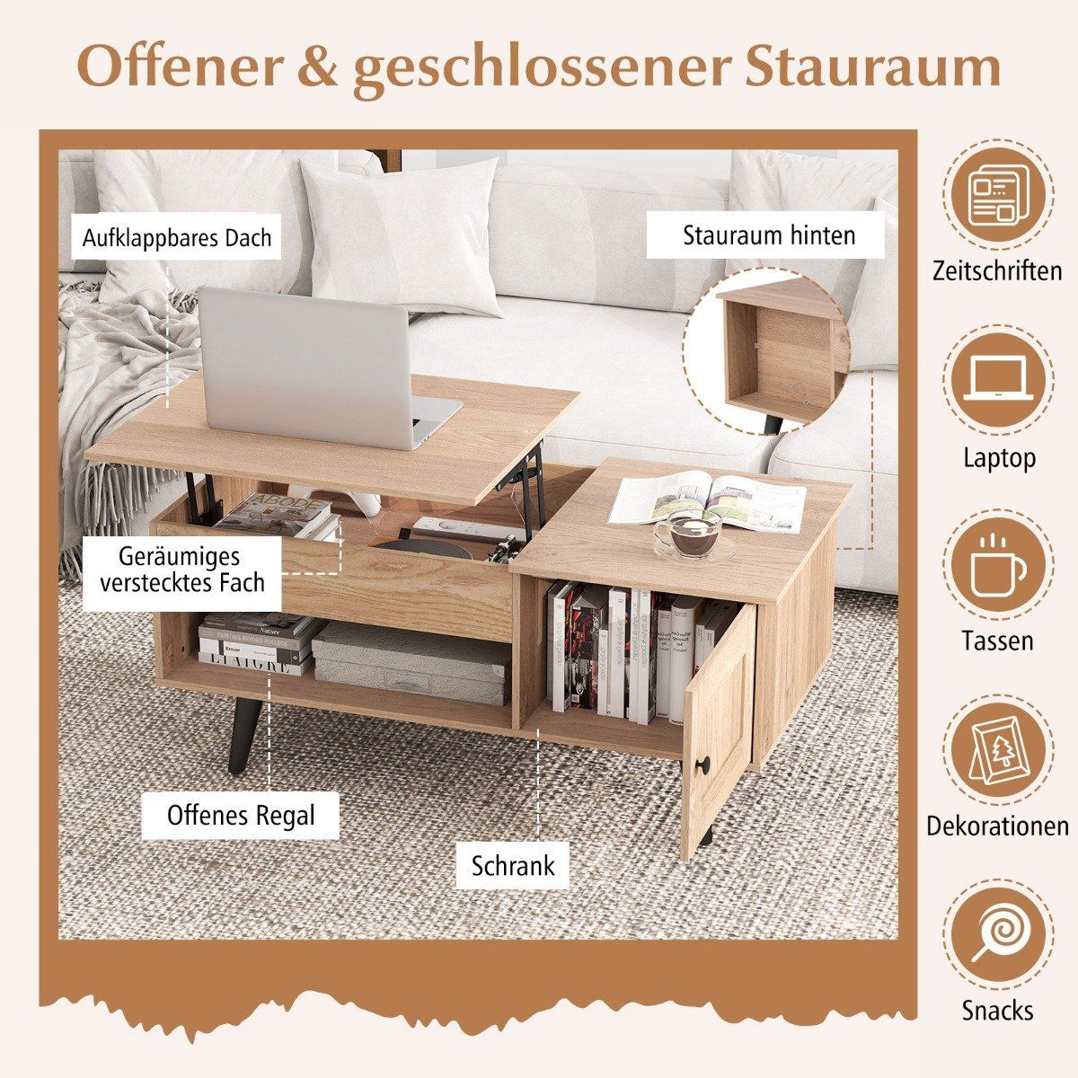 Adjustable Height Coffee Table with Hidden Storage, 100x50 cm