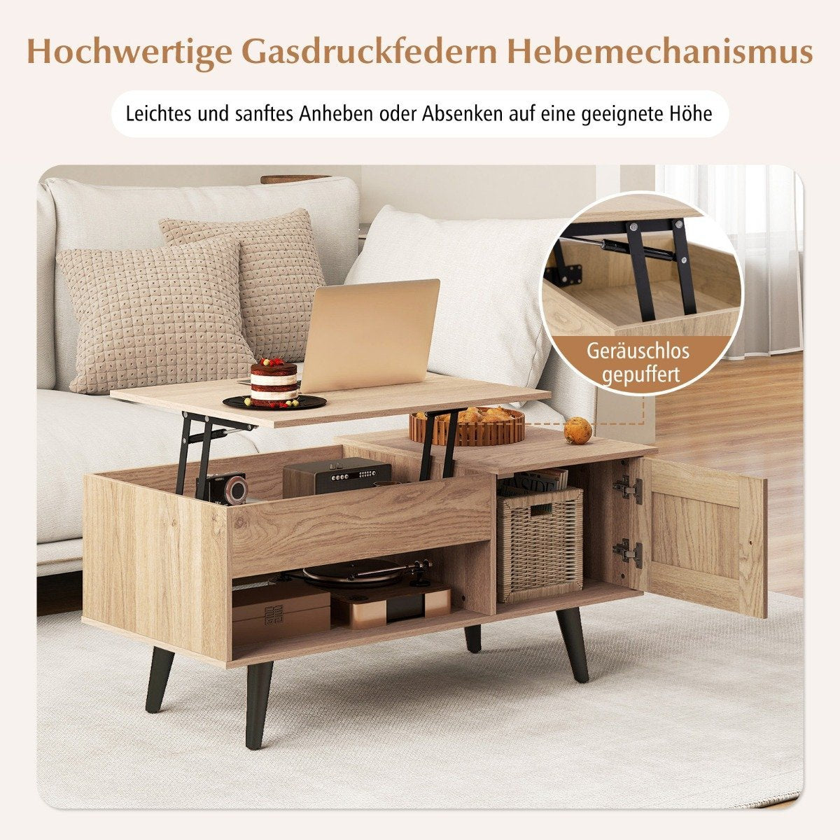 Adjustable Height Coffee Table with Hidden Storage, 100x50 cm