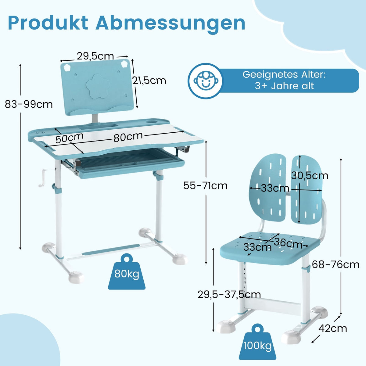 Adjustable Kids Desk and Chair Set with Tilt Top, Blue