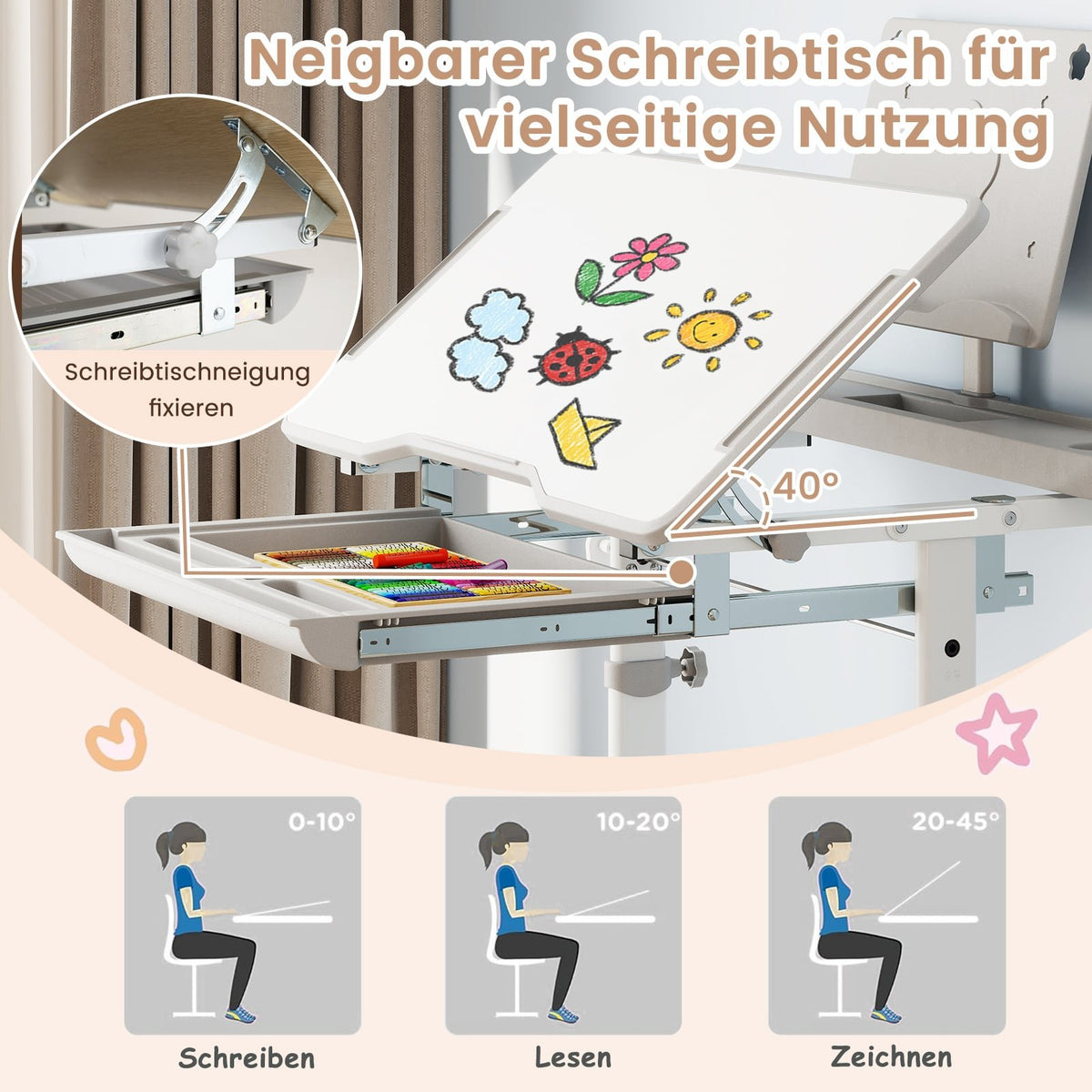 Adjustable Kids Desk and Chair Set with Tilt Top, Grey