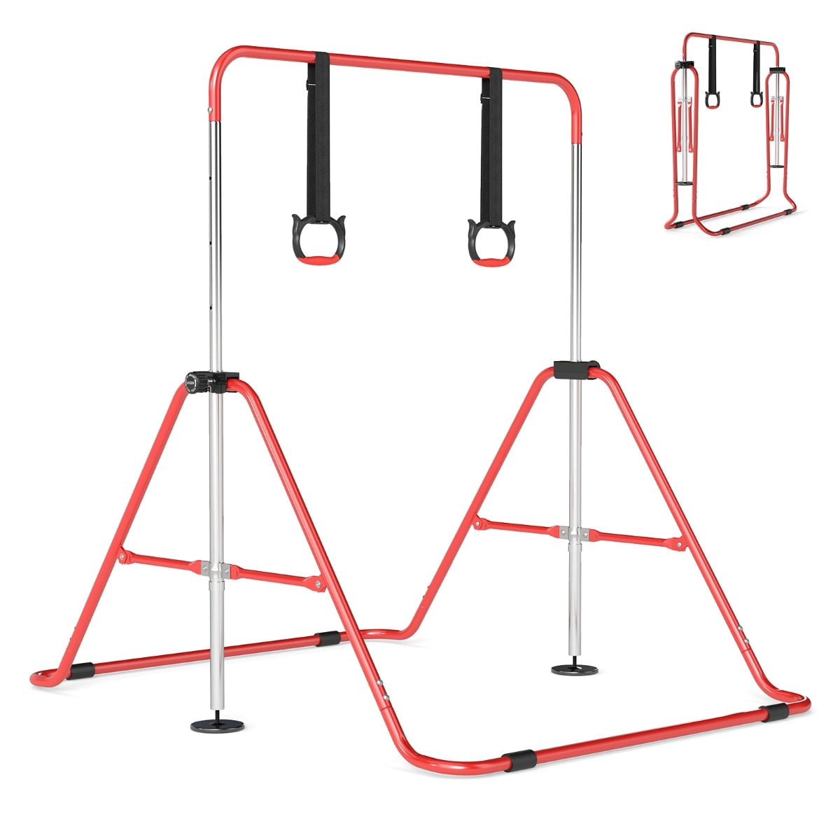 Adjustable Kids Gymnastics Bar with Rings, Foldable, Red