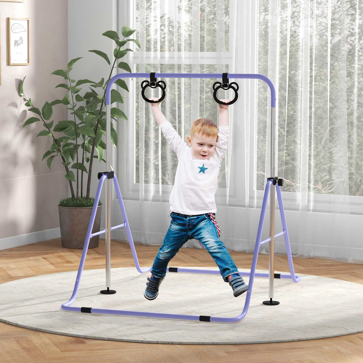 Adjustable Kids Gymnastics Bar with Rings, Foldable Steel Frame