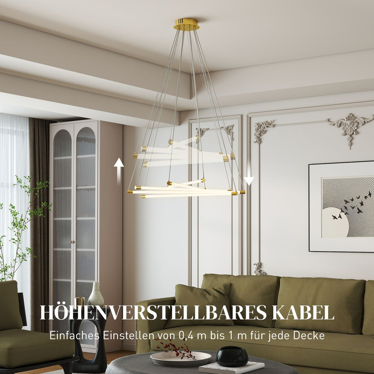 Adjustable LED Ceiling Light, 50W, 5 Tubes, Gold/White