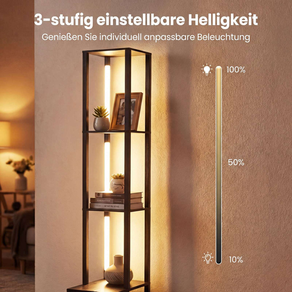 Adjustable LED Floor Lamp with Shelves and Table, Black
