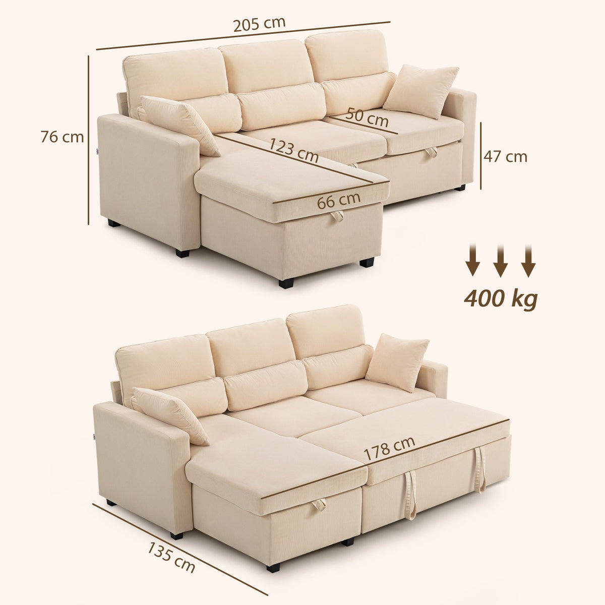 Adjustable L-Shaped Sofa Bed with Storage, Beige