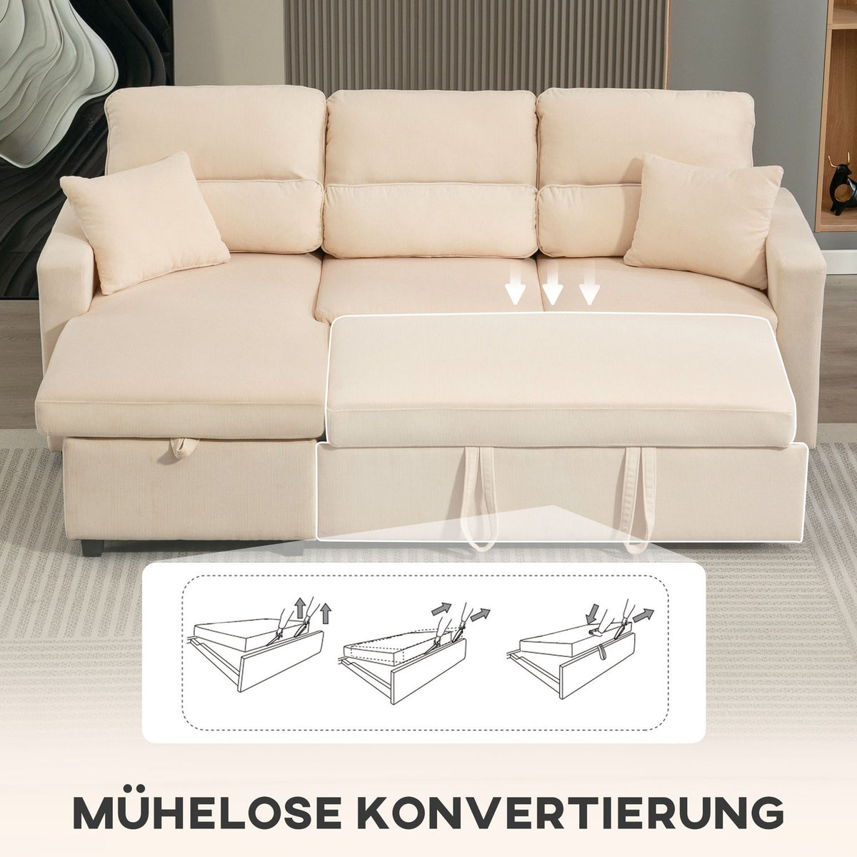 Adjustable L-Shaped Sofa Bed with Storage, Beige