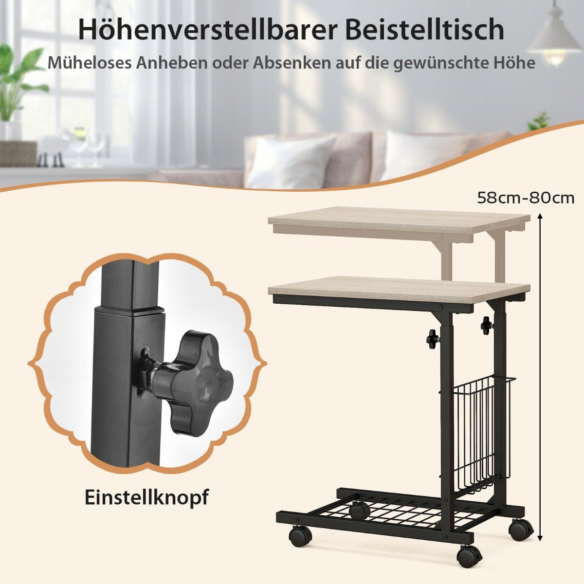 Adjustable Laptop Table with Storage Basket & Wheels