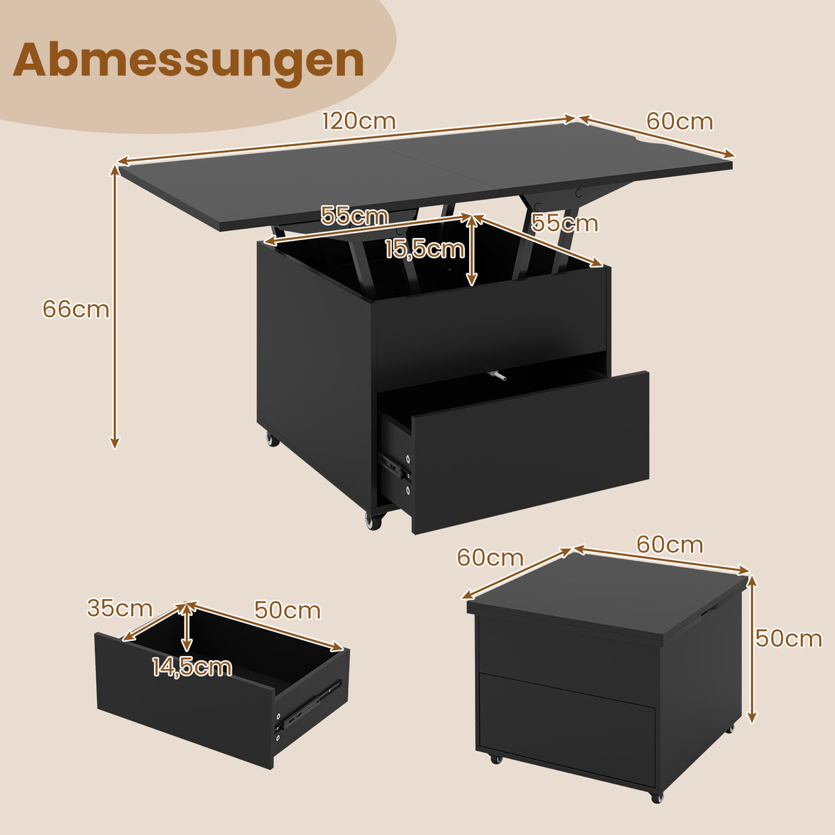 Adjustable Lift-Top Coffee Table with Storage, Black