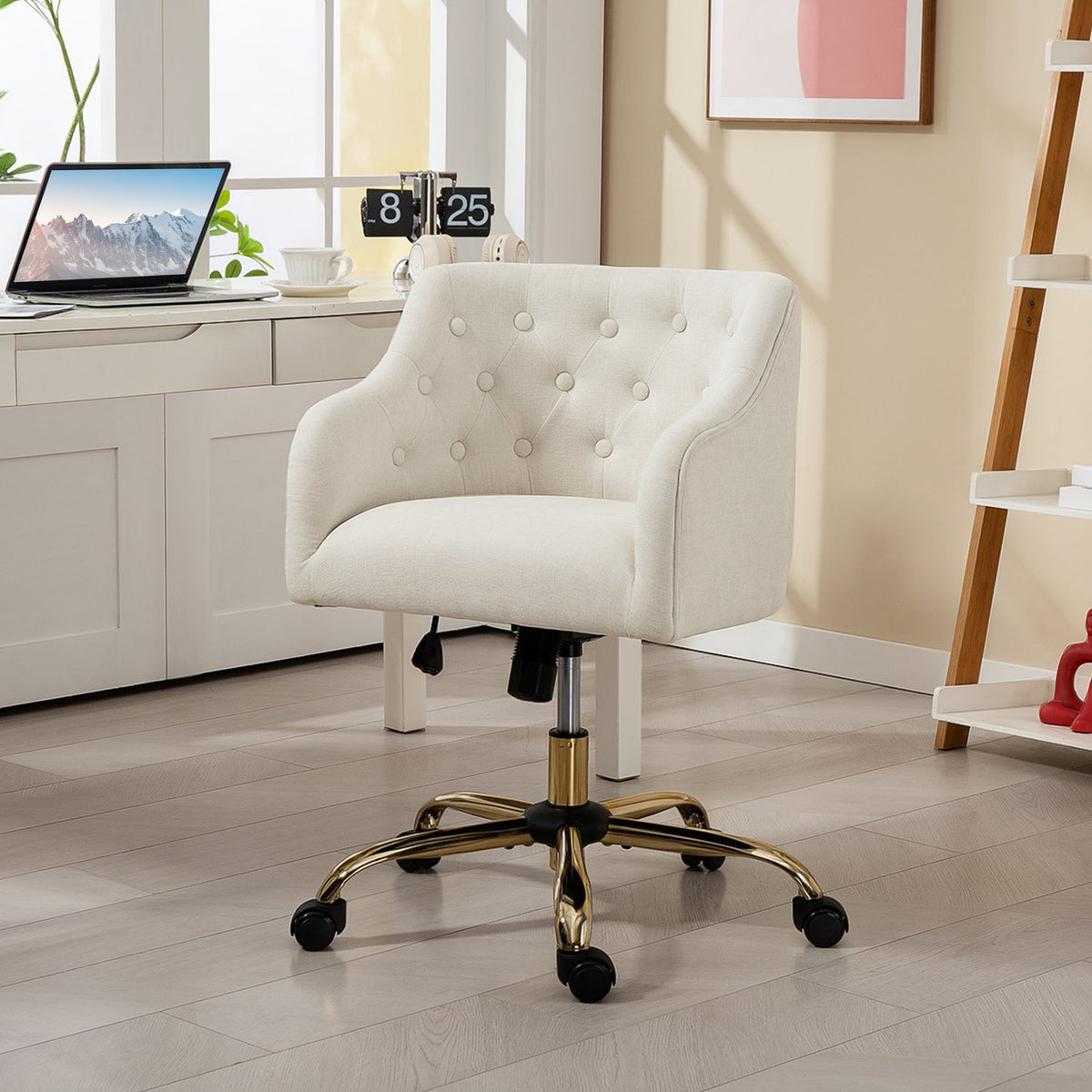Adjustable Linen-Style Office Chair, Beige with Gold Legs